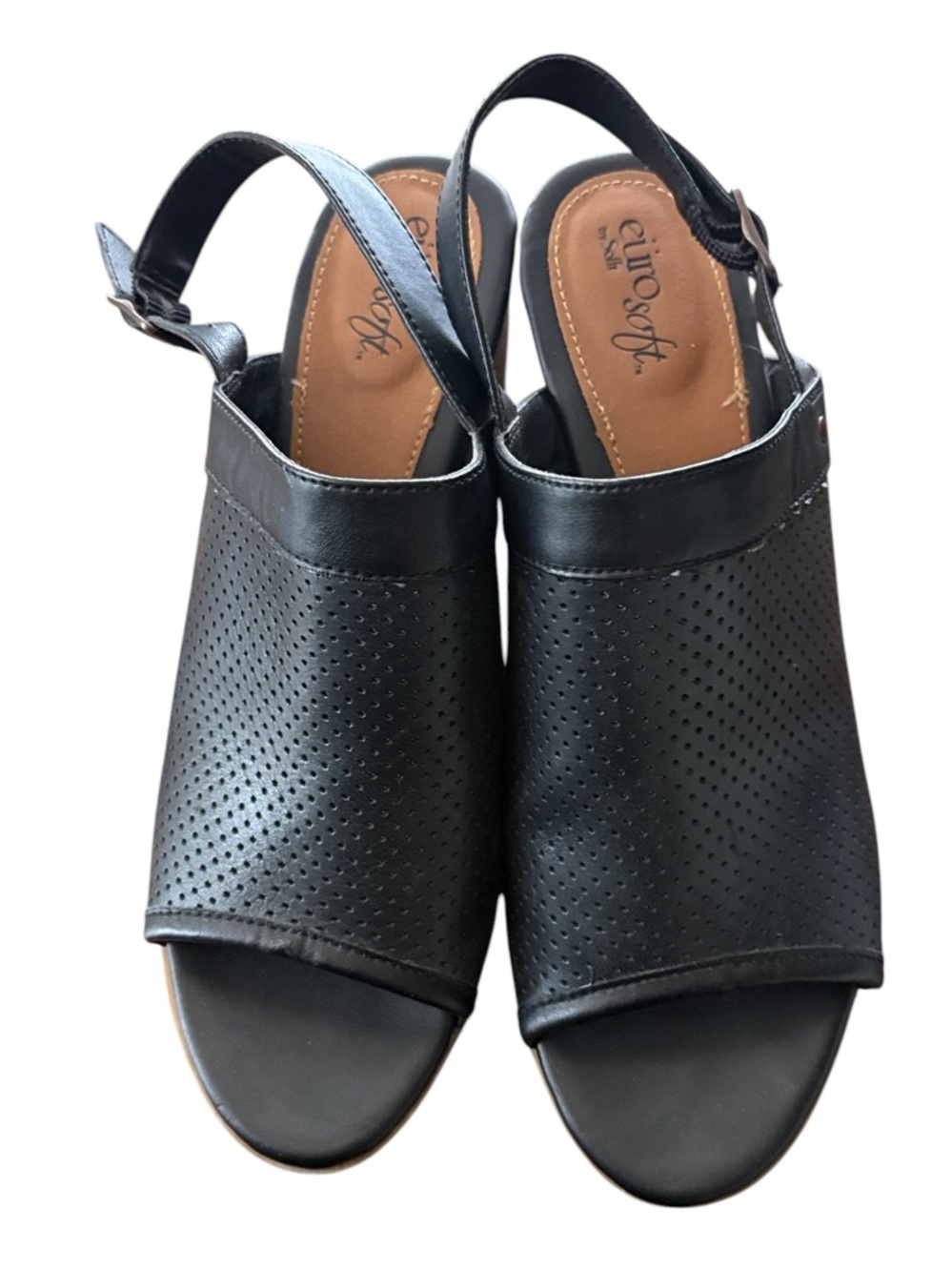 Eurosoft by Spring Step Noctium black perforated leather heeled sandals, size 10